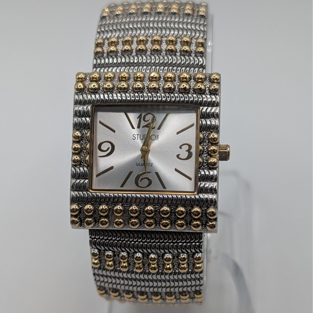 Studio Time Chunky Cuff Watch Mixed Metal Wide Bracelet Quartz